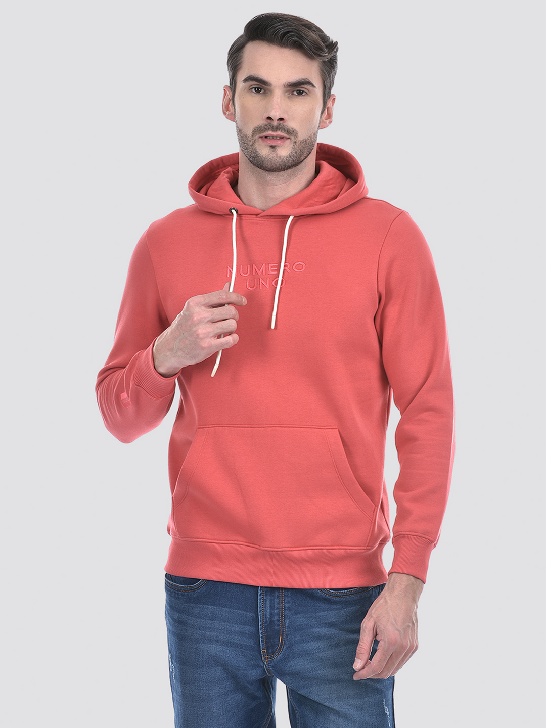 Numero Uno Men Typographic Pink Hooded Neck Cotton Blend Sweatshirt